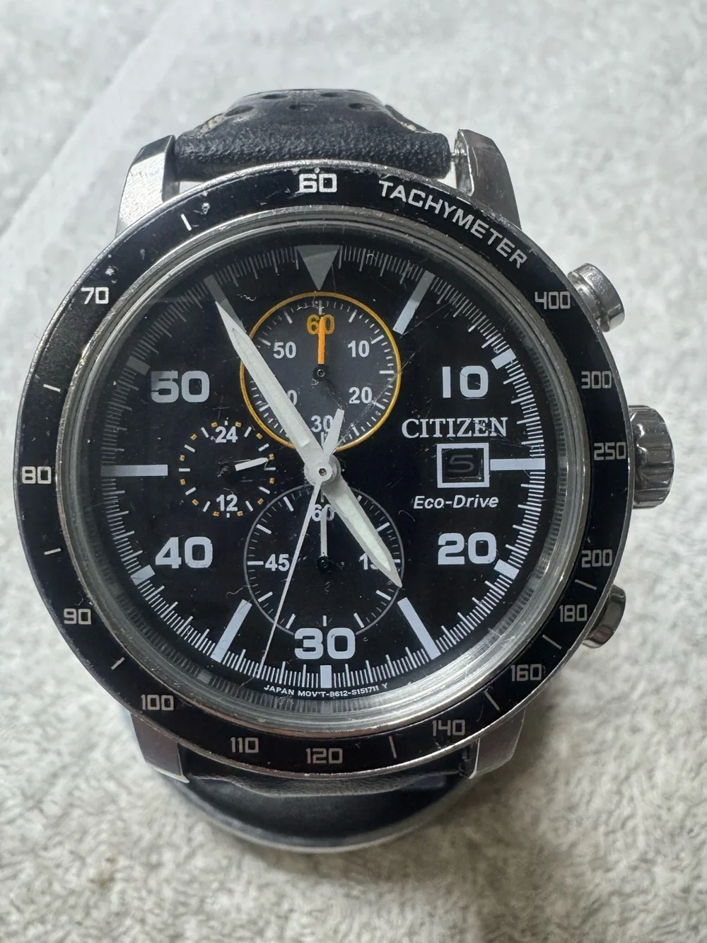 Citizen Black Dial Men's Chronograph Eco-Drive Watch with Yellow Accents